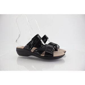 Clarks Women's Alexis Art Sandal Size 9 Low Wedge Black Patent Leather Slide